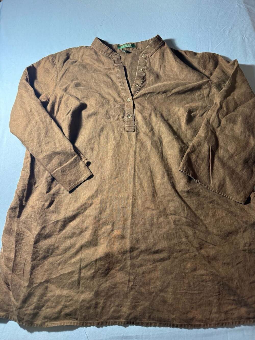 Lauren Ralph Lauren Brown 100% Linen Long Sleeve Button Neck Tunic Shirt 1X